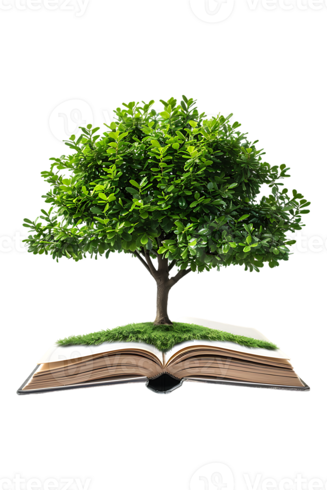 Tree emerging into an open book, isolated against a transparent background png