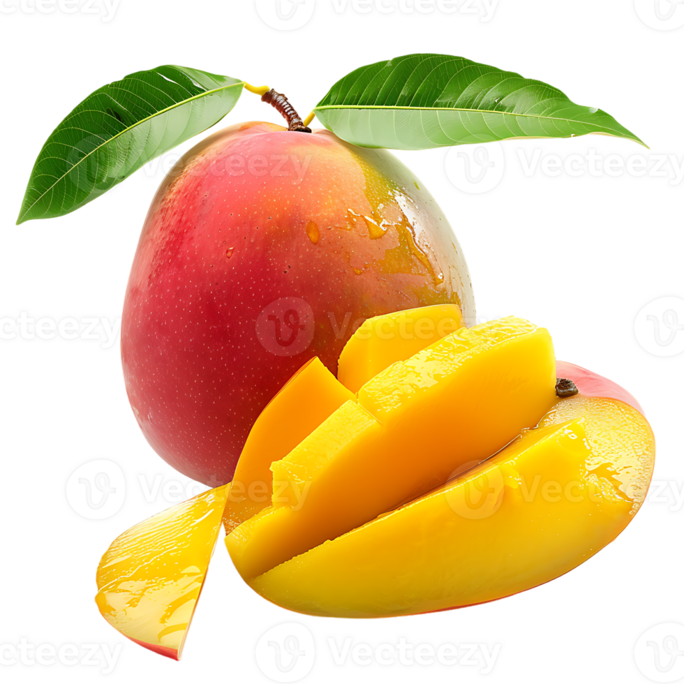 whole and sliced mango, isolated against a transparent background png