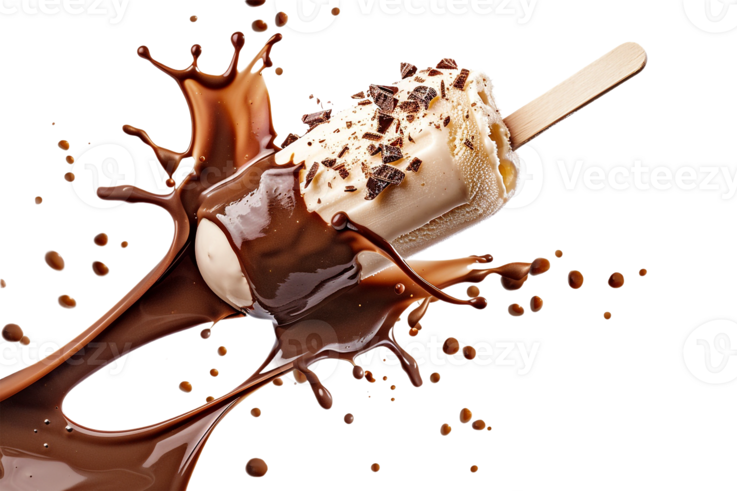 stick kulfa ice cream with a chocolate splash, isolated against a transparent background png