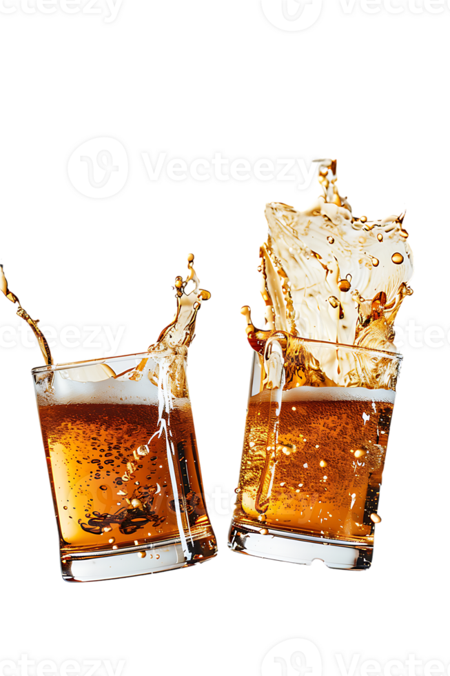 Two beer mugs clinking with splashing cheers, isolated on transparent background png