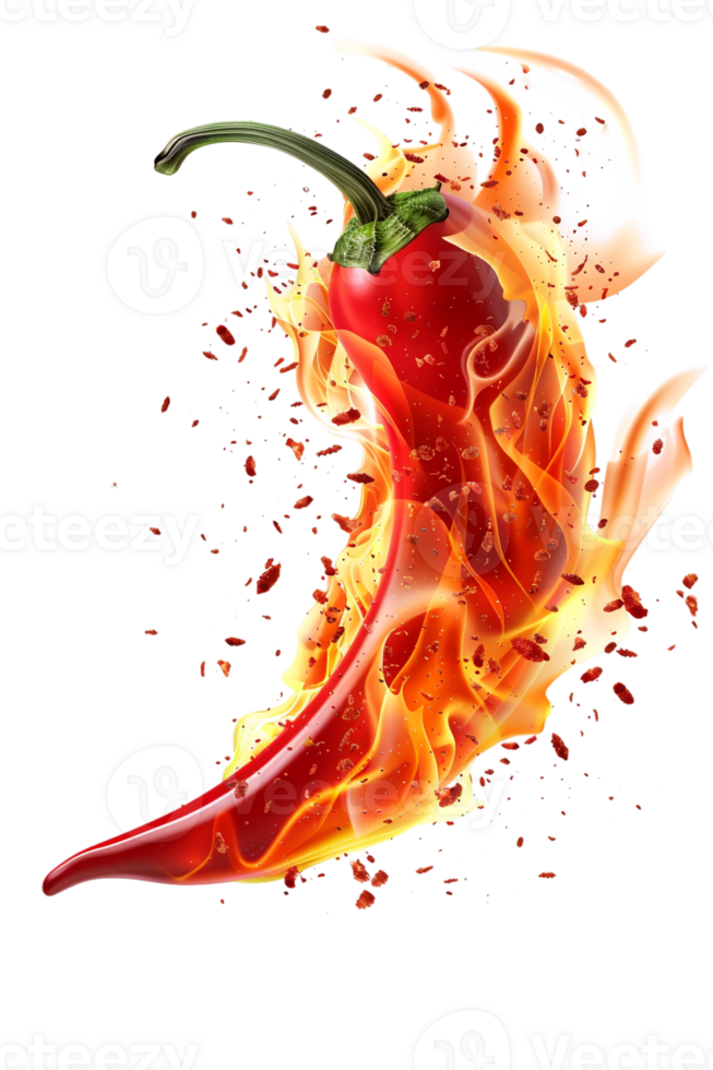 Red hot chili pepper with a splash of fire, isolated against a transparent background png