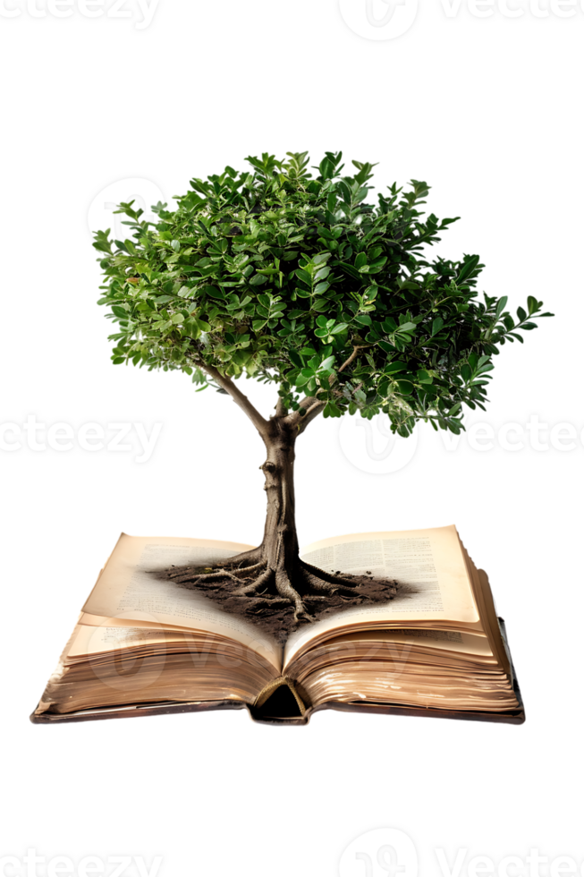 Tree emerging into an open book, isolated against a transparent background png