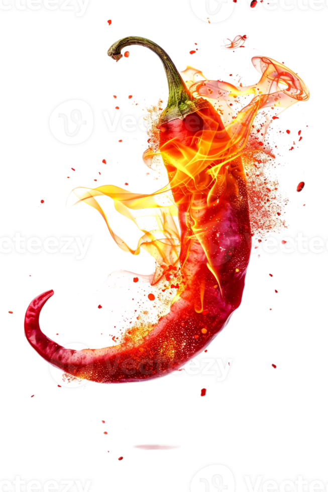 Red hot chili pepper with a splash of fire, isolated against a transparent background png