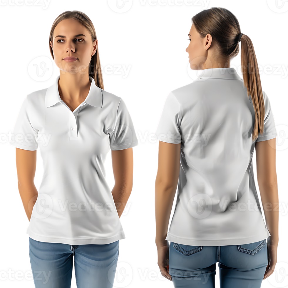 woman wearing a front and back shirt mockup, against a transparent background png