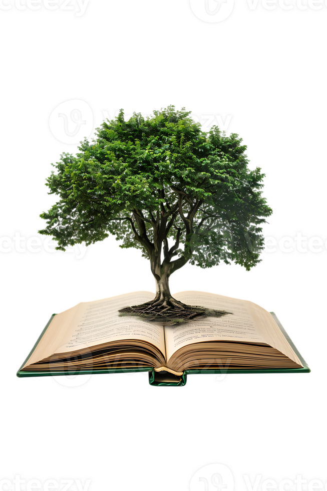Tree emerging into an open book, isolated against a transparent background png