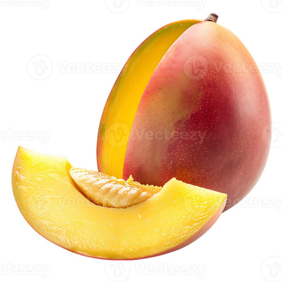 whole and sliced mango, isolated against a transparent background png