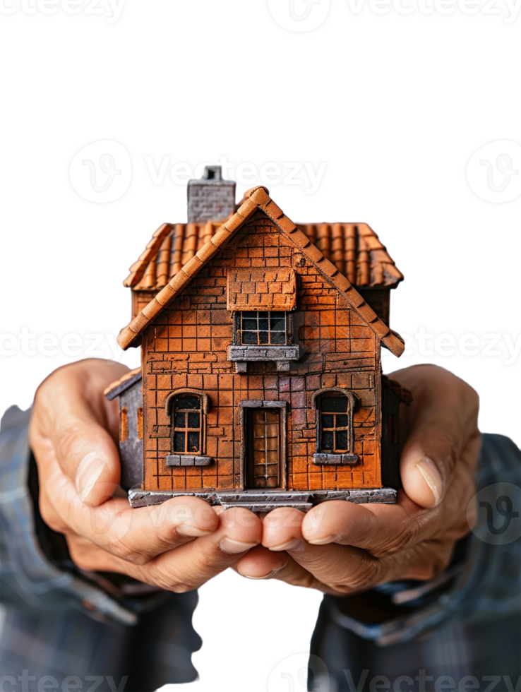 Real estate agent holding a miniature house, isolated against a transparent background png