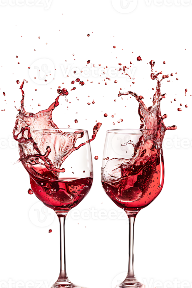 Two red wine glasses toasting with splash, isolated on transparent background png