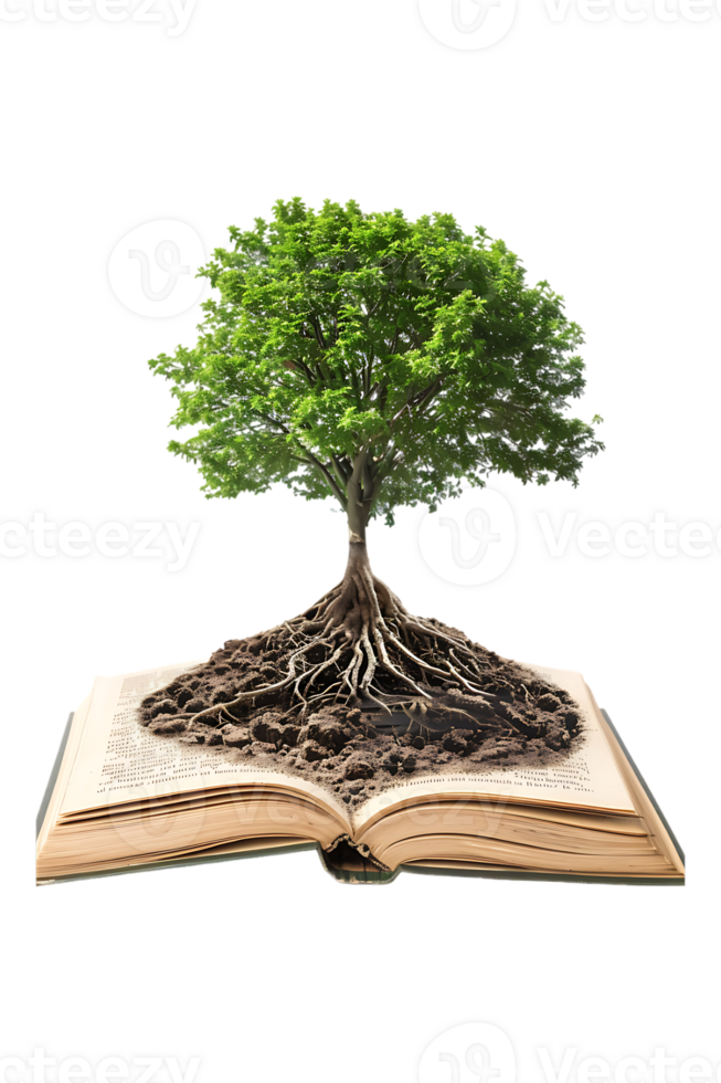 Tree emerging into an open book, isolated against a transparent background png