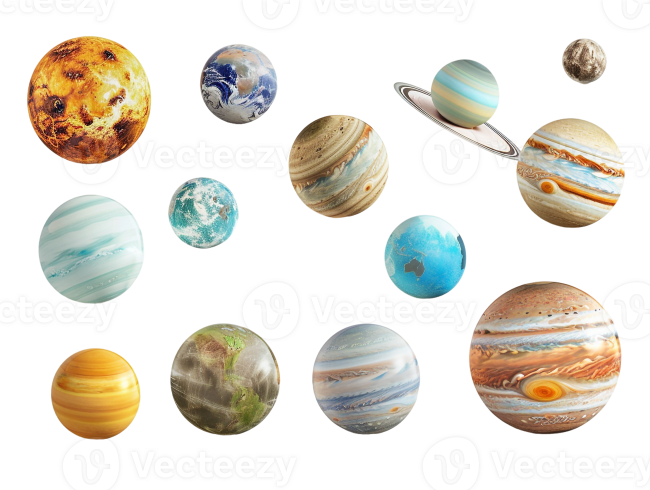 set of planets from the solar system, isolated against a transparent background png