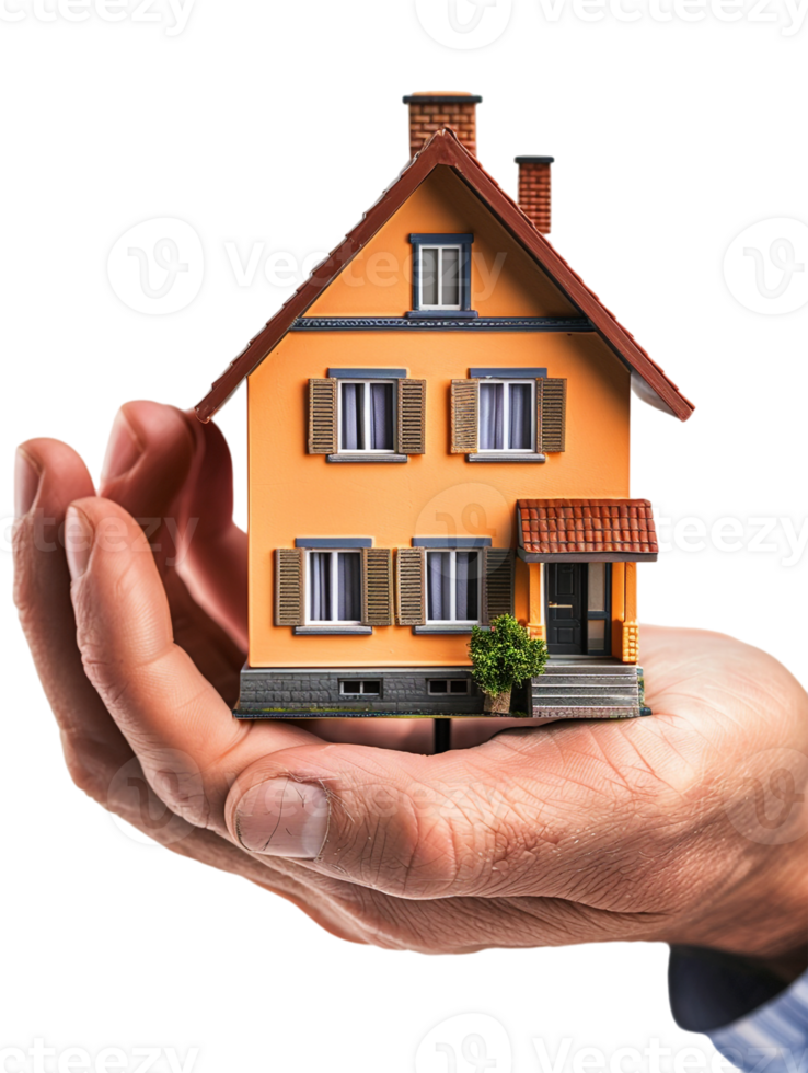 Real estate agent holding a miniature house, isolated against a transparent background png