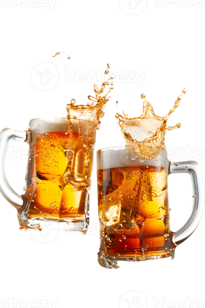 Two beer mugs clinking with splashing cheers, isolated on transparent background png