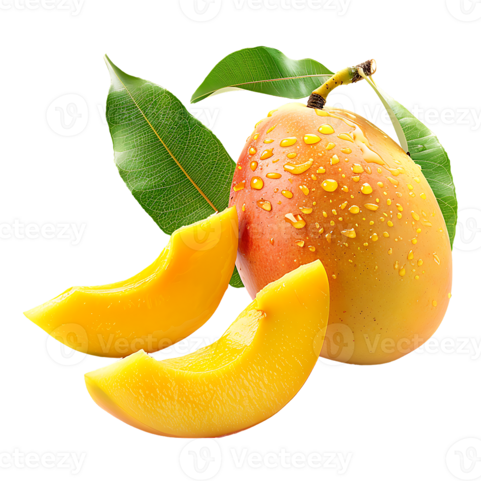 whole and sliced mango, isolated against a transparent background png