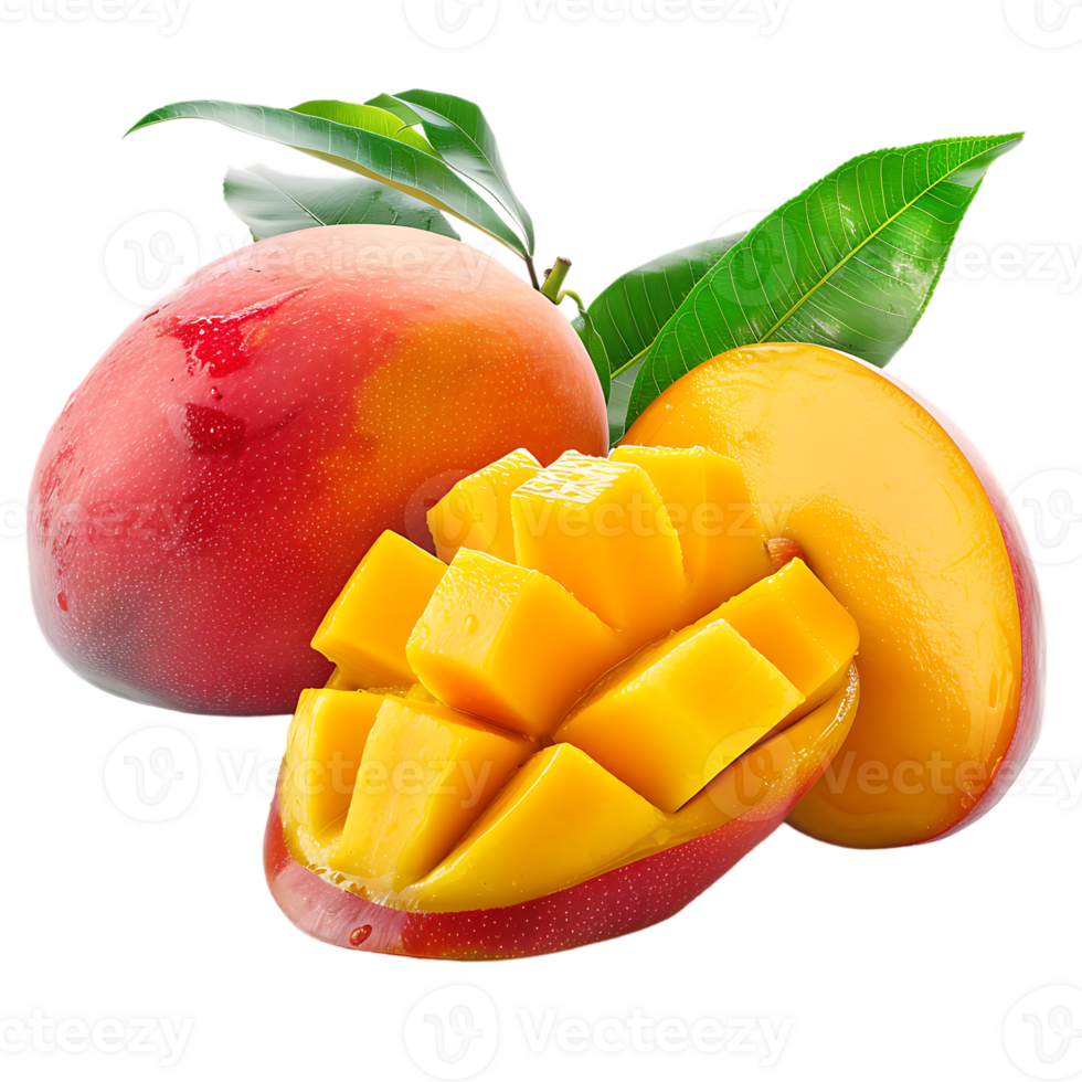 whole and sliced mango, isolated against a transparent background png