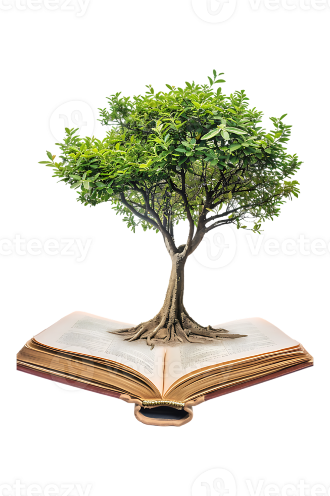 Tree emerging into an open book, isolated against a transparent background png