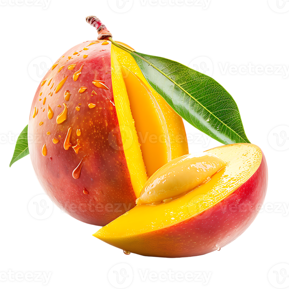 whole and sliced mango, isolated against a transparent background png