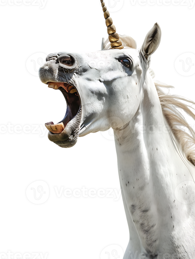 Unicorn yelling to the sky, isolated against a transparent background png