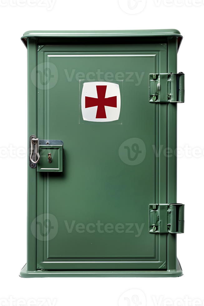 Vertical green first aid cabinet isolated against transparent backdrop png