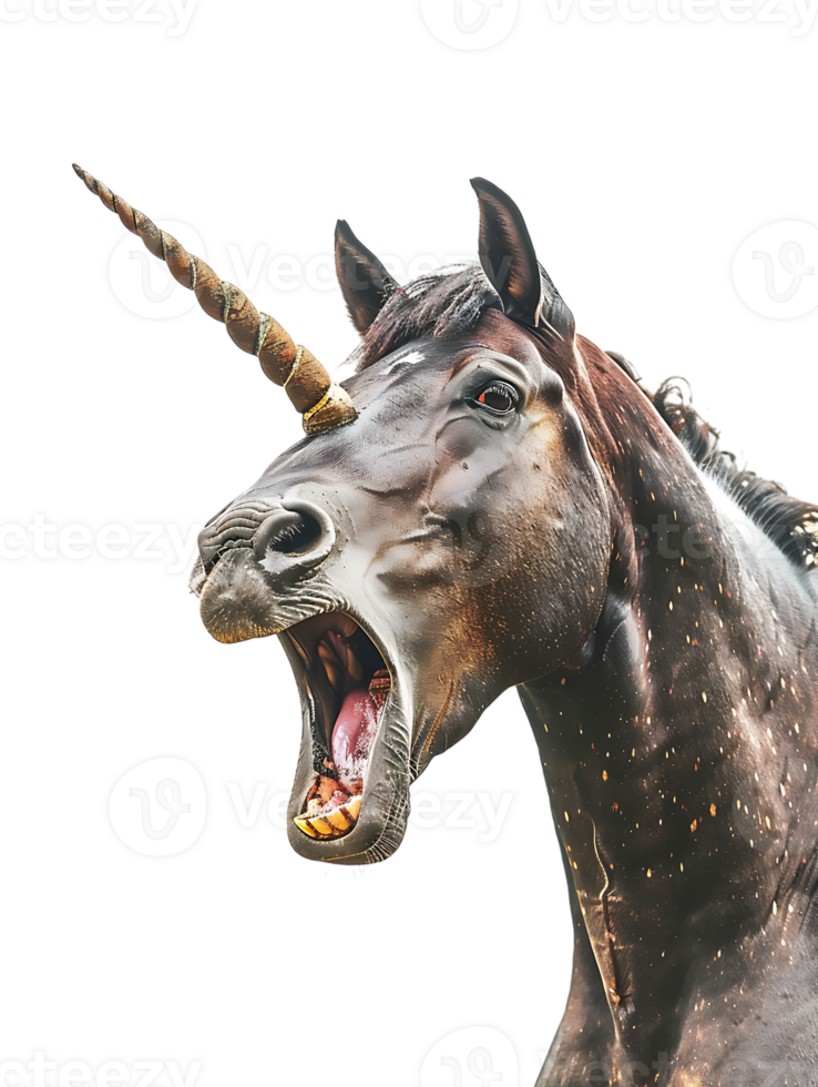 Unicorn yelling to the sky, isolated against a transparent background png