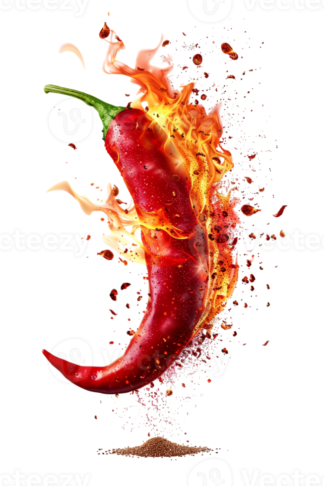 Red hot chili pepper with a splash of fire, isolated against a transparent background png