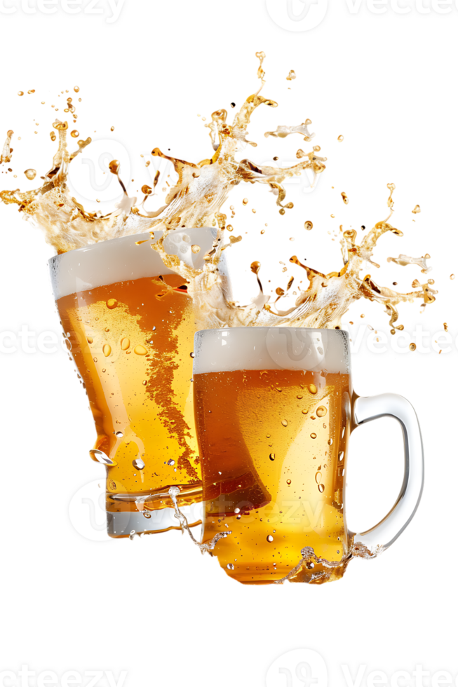 Two beer mugs clinking with splashing cheers, isolated on transparent background png