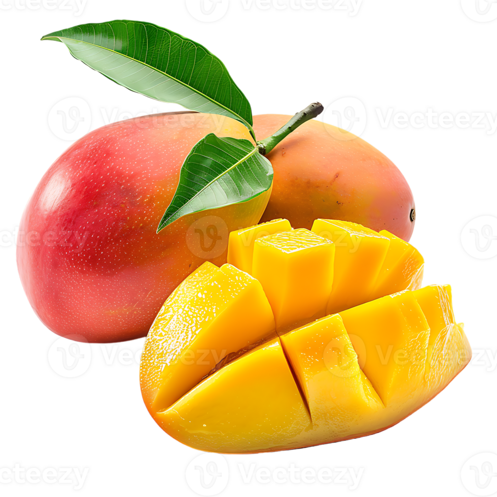 whole and sliced mango, isolated against a transparent background png