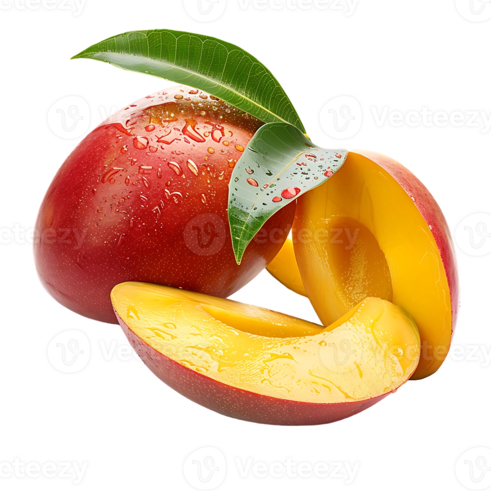 whole and sliced mango, isolated against a transparent background png