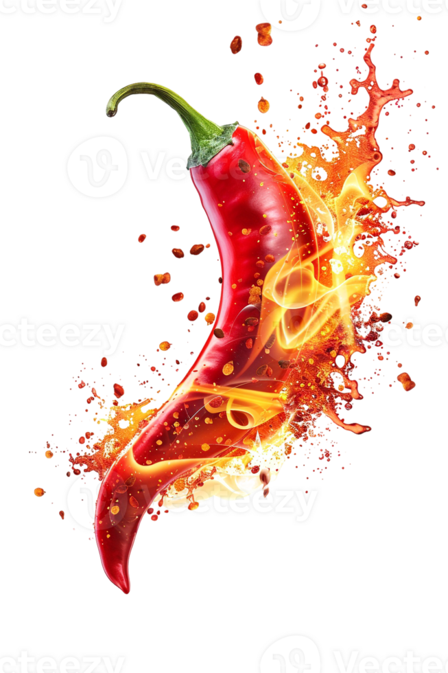 Red hot chili pepper with a splash of fire, isolated against a transparent background png