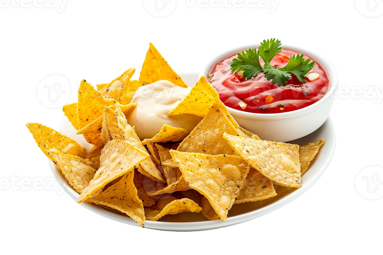 serving of nachos accompanied by two types of dipping sauces png