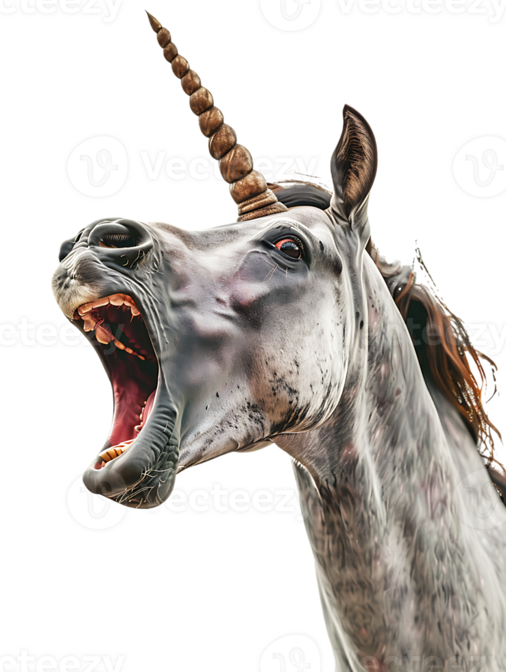 Unicorn yelling to the sky, isolated against a transparent background png