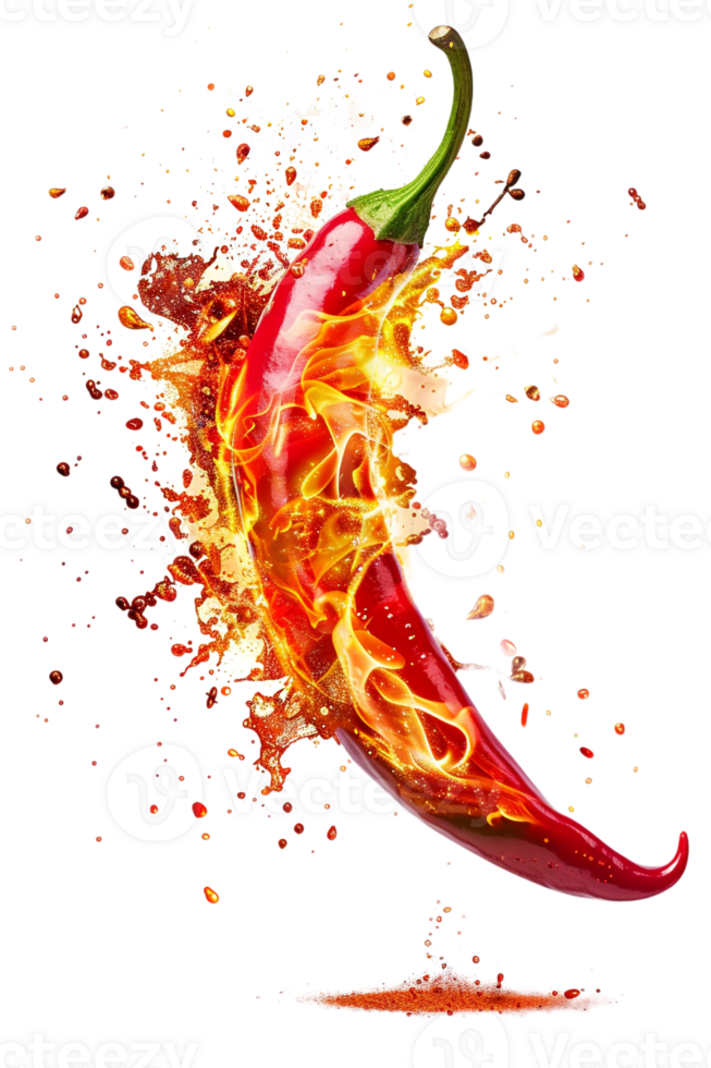 Red hot chili pepper with a splash of fire, isolated against a transparent background png