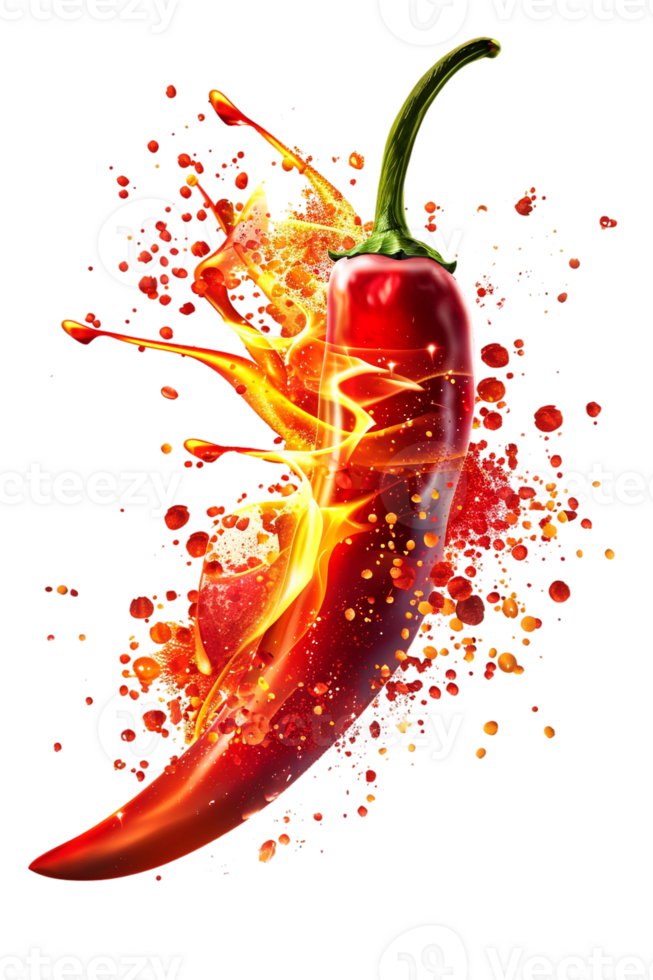 Red hot chili pepper with a splash of fire, isolated against a transparent background png