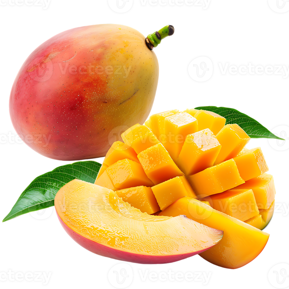 whole and sliced mango, isolated against a transparent background png