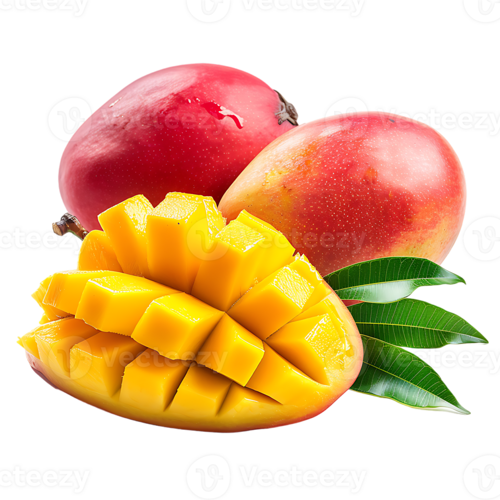 whole and sliced mango, isolated against a transparent background png