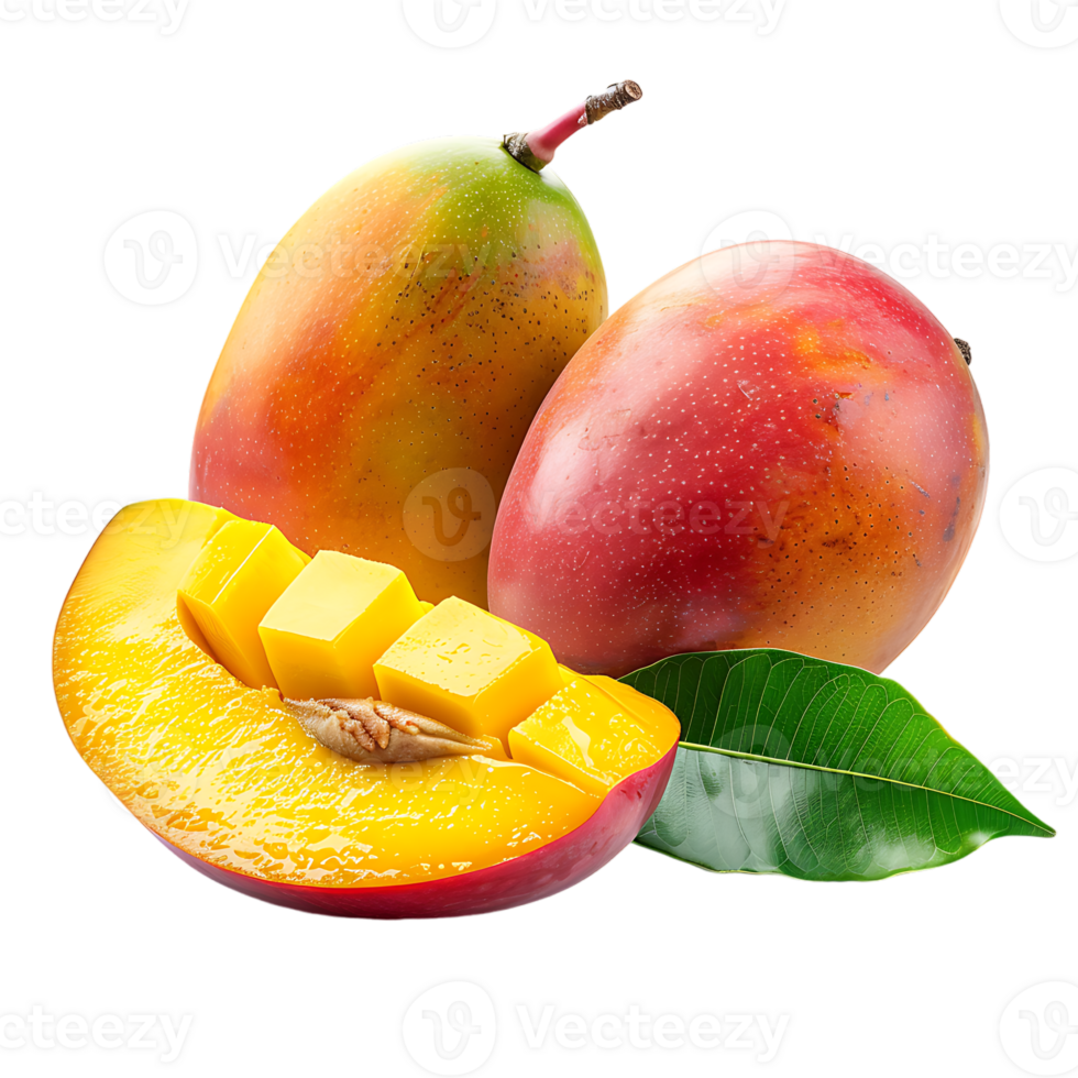 whole and sliced mango, isolated against a transparent background png