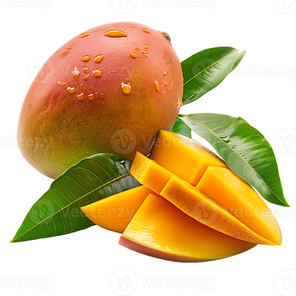 whole and sliced mango, isolated against a transparent background png