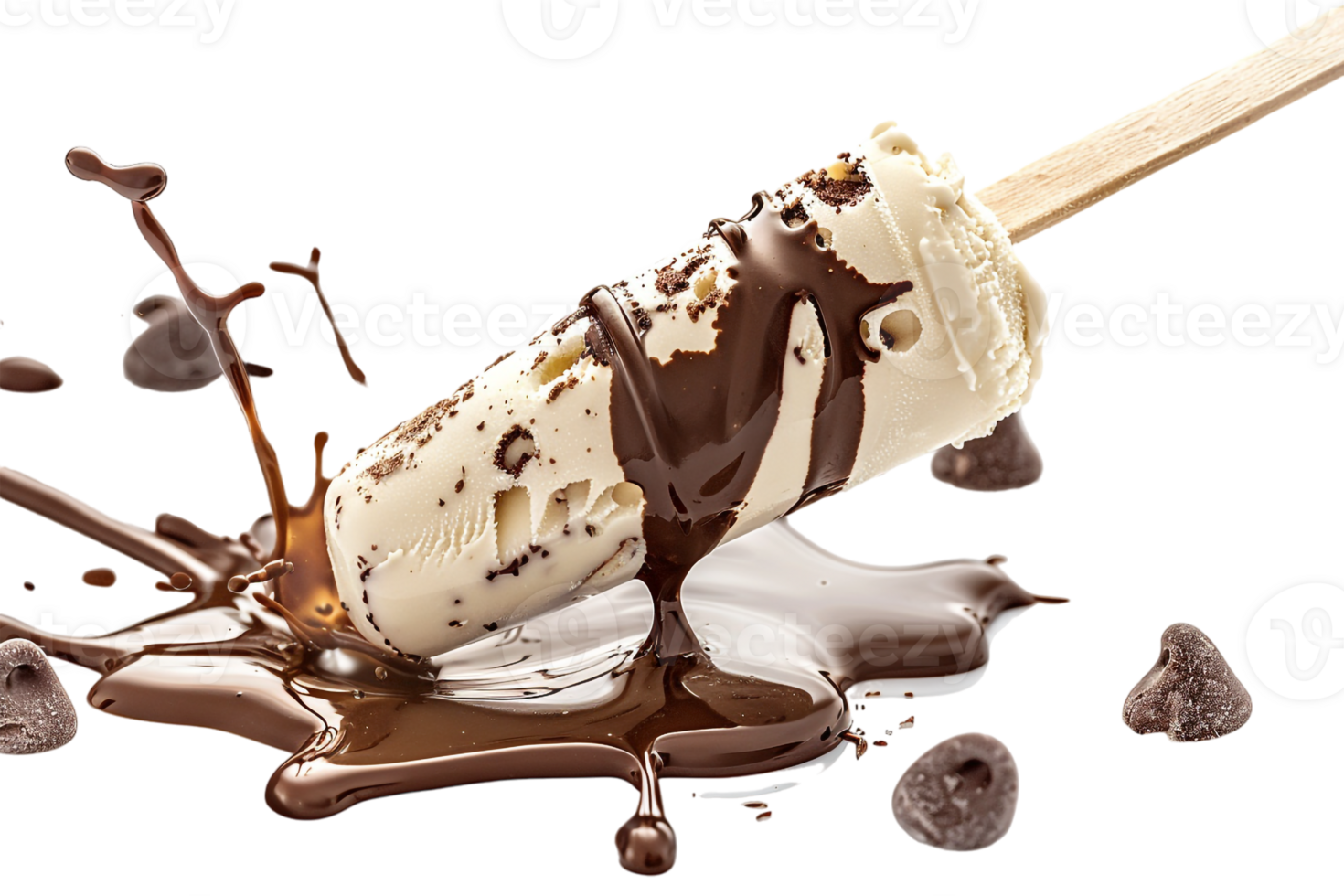 stick kulfa ice cream with a chocolate splash, isolated against a transparent background png