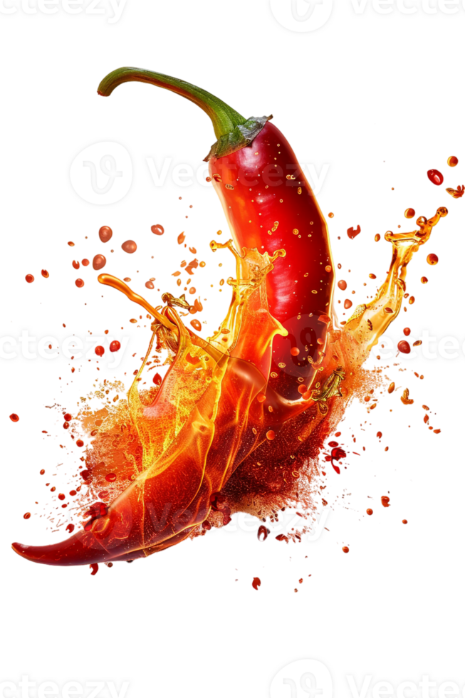 Red hot chili pepper with a splash of fire, isolated against a transparent background png
