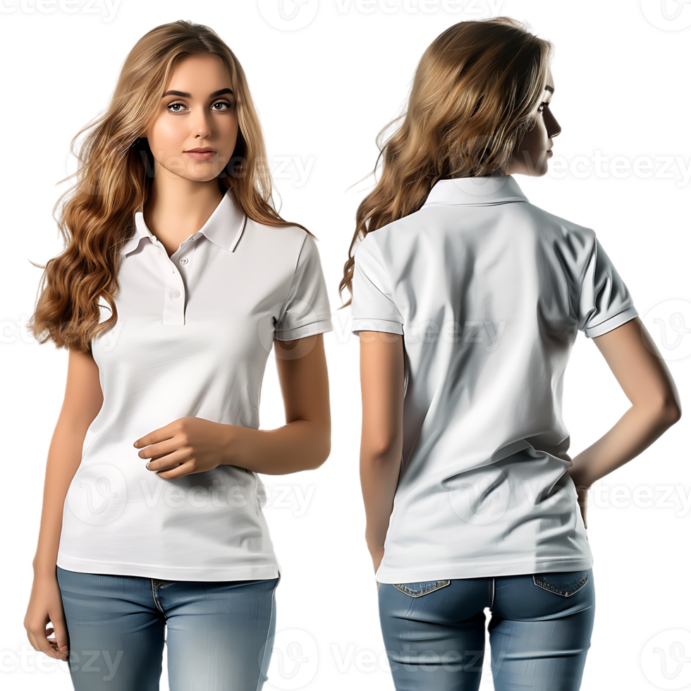 woman wearing a front and back shirt mockup, against a transparent background png