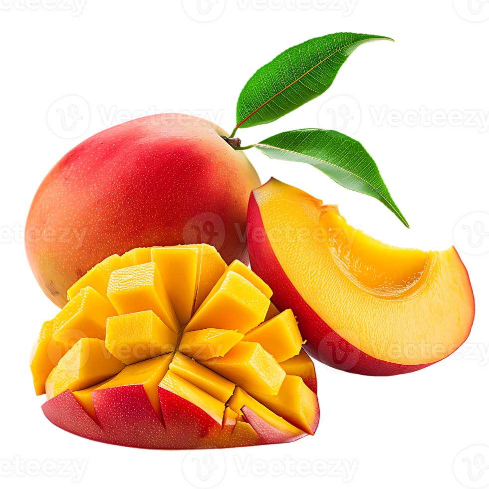 whole and sliced mango, isolated against a transparent background png