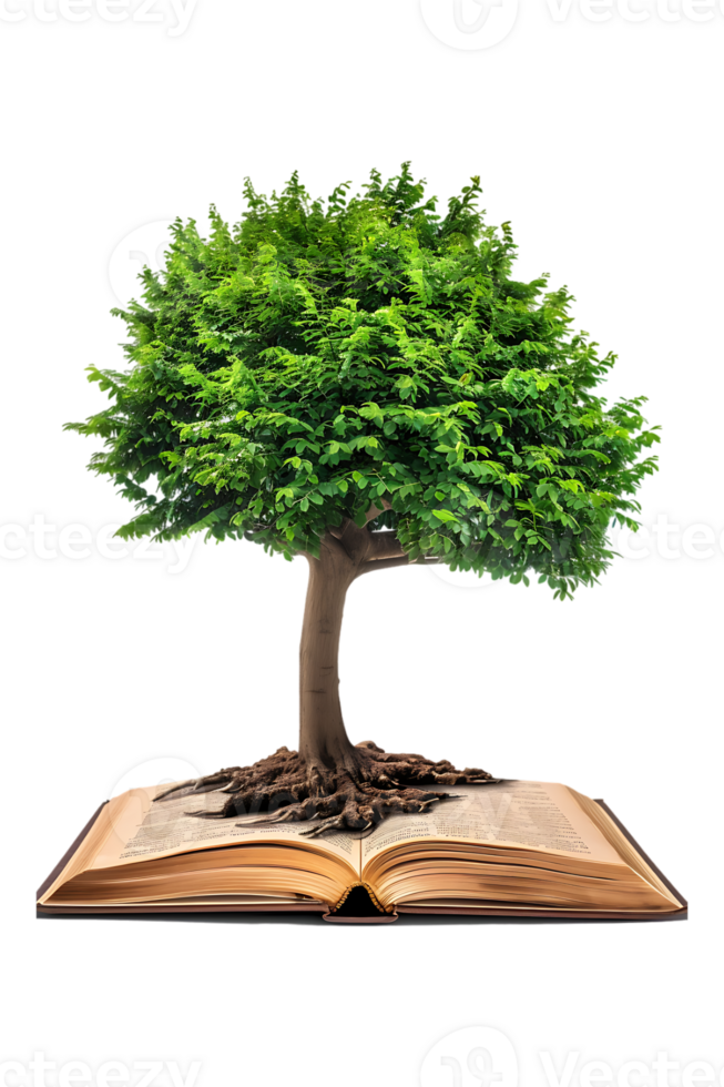 Tree emerging into an open book, isolated against a transparent background png