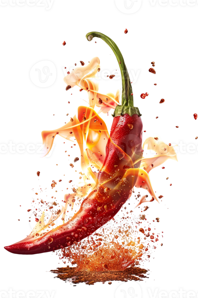 Red hot chili pepper with a splash of fire, isolated against a transparent background png
