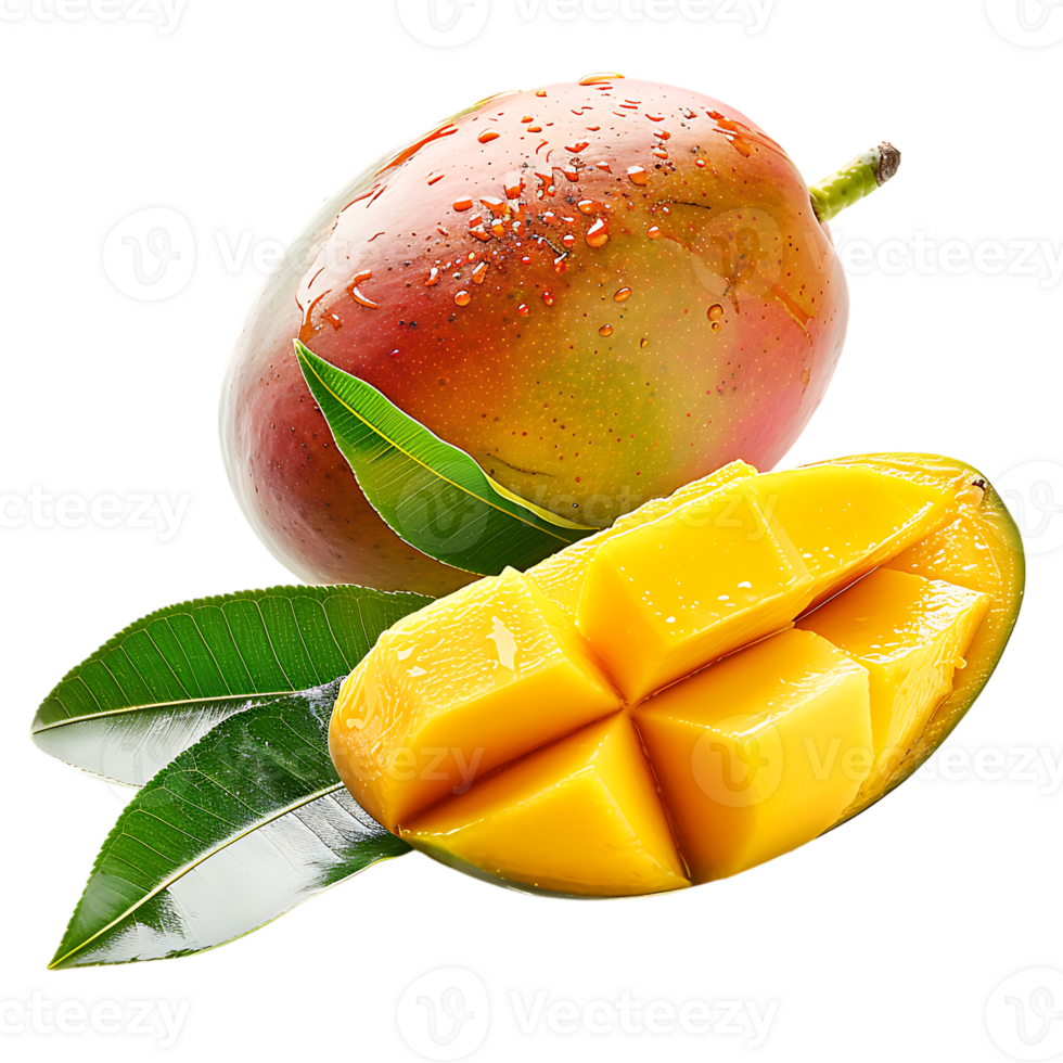 whole and sliced mango, isolated against a transparent background png