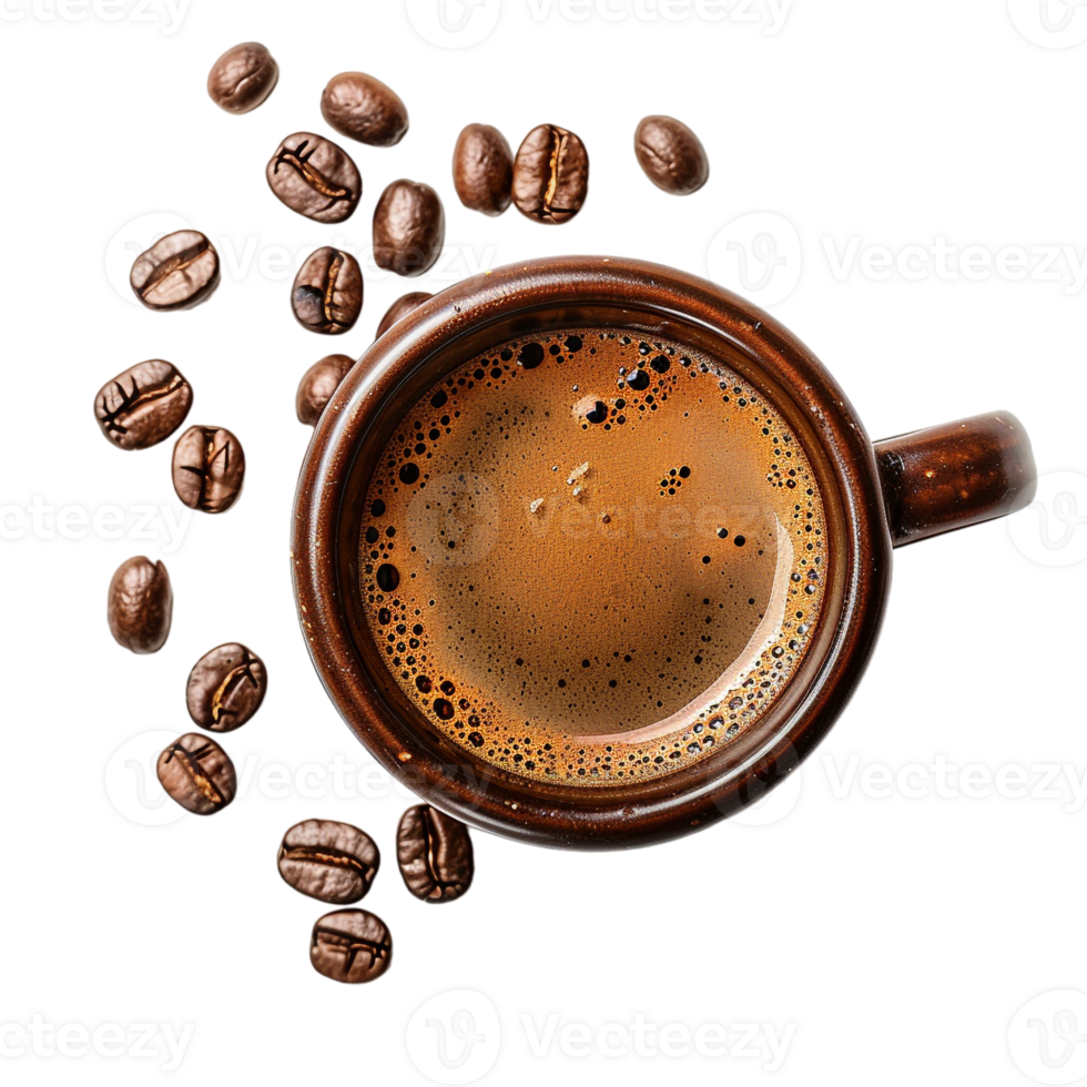top down view of a cup of coffee accompanied by coffee beans png