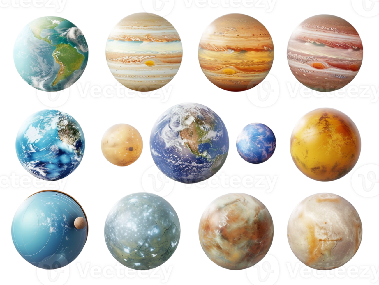 set of planets from the solar system, isolated against a transparent background png