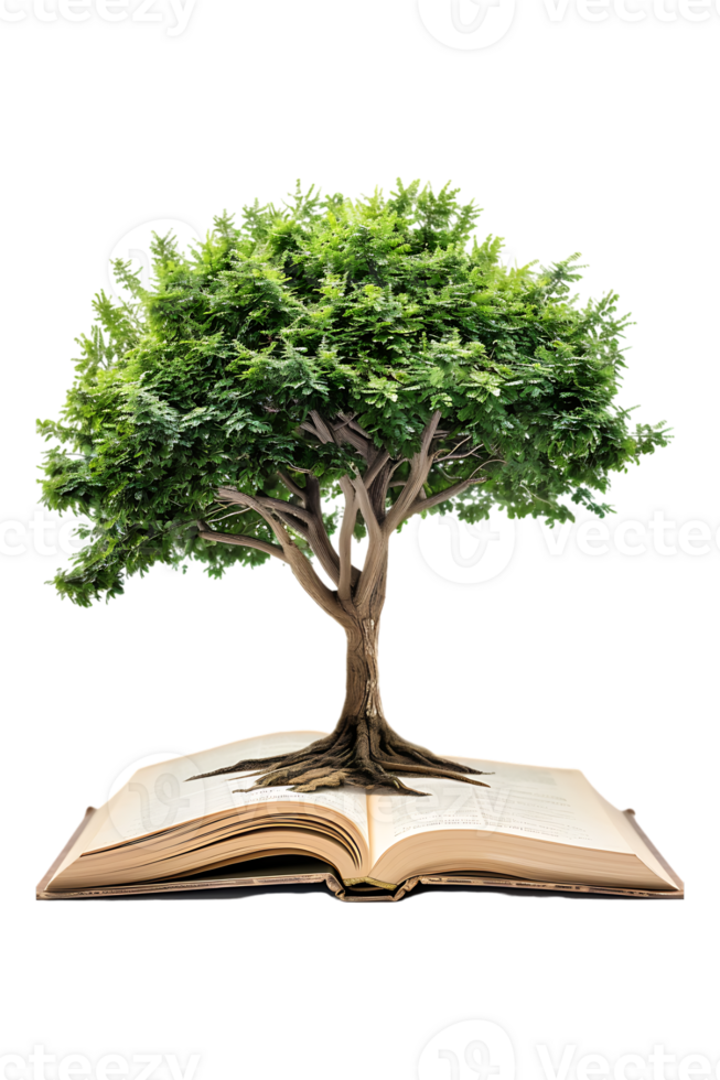Tree emerging into an open book, isolated against a transparent background png