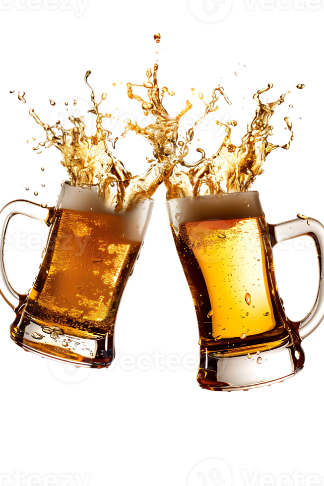Two beer mugs clinking with splashing cheers, isolated on transparent background png