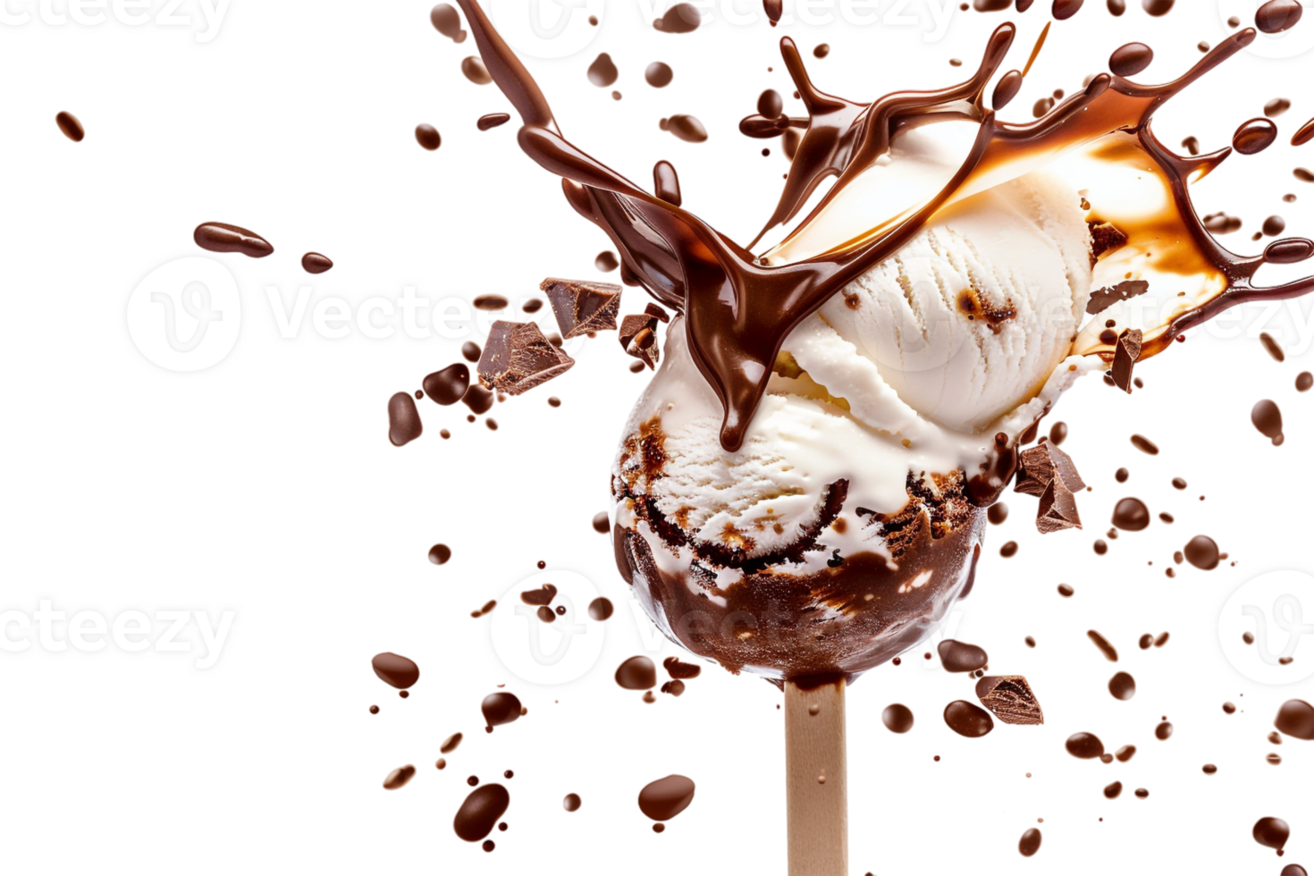 stick kulfa ice cream with a chocolate splash, isolated against a transparent background png