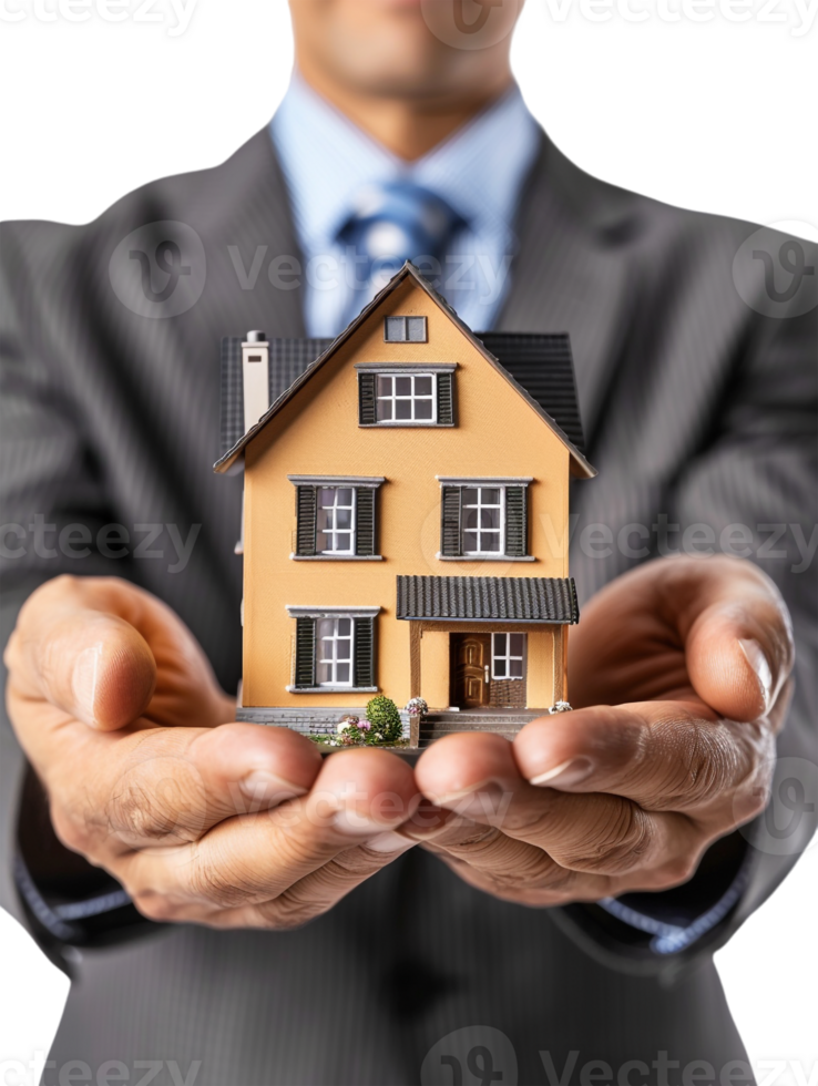 Real estate agent holding a miniature house, isolated against a transparent background png