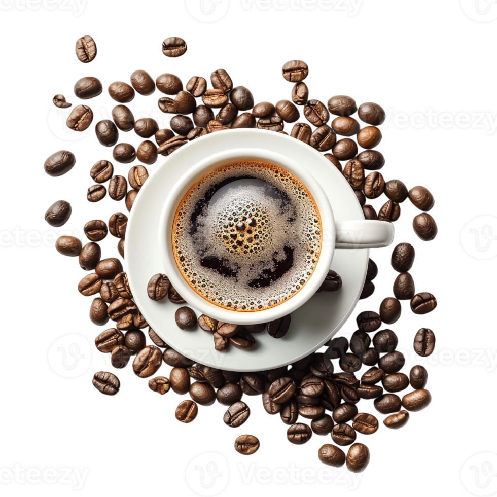 top down view of a cup of coffee accompanied by coffee beans png